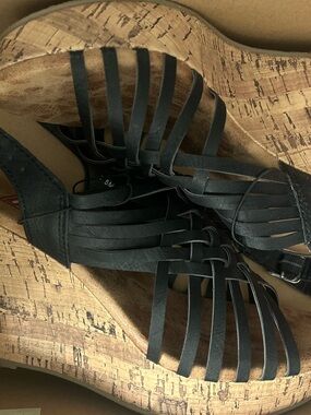 Brand New Women's Black Strappy Cork Wedge Sandals